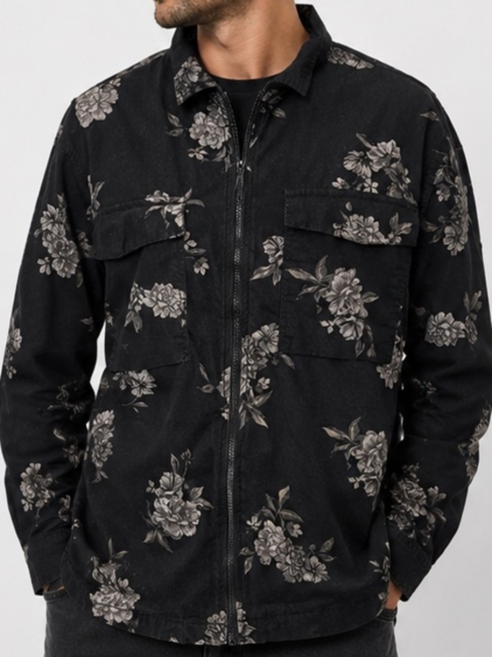 Denim & Flower Ricky Singh Men’s L Black Floral Zip Utility Shirt Jacket Cotton